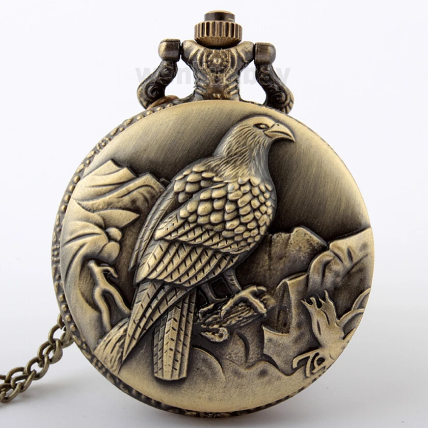 (1099) 12pcs/lot Vintage Bronze Bird Necklace Engraved Quartz Pocket Watch, Dia 1.77", Chain 31.