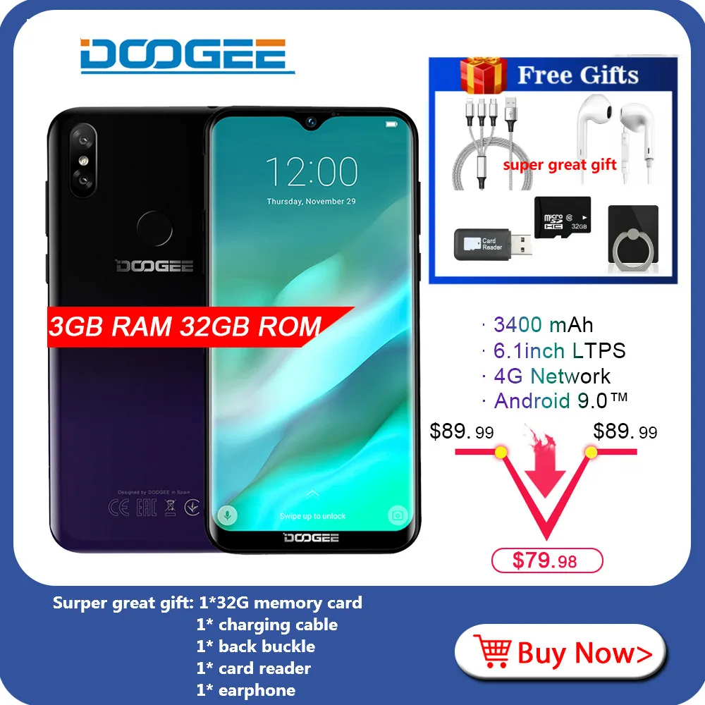 

DOOGEE Y8 New 3GB 32GB 6.1 inch Waterdrop Screen Smartphone 8MP+5MP Face ID Android 9.0 MTK6739 Quad-Core 3400mAh 4G cellphone