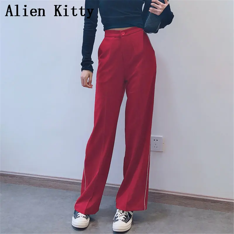 

Alien Kitty 2019 New Autumn Straight Solid Button Fly High Quality Casual Women Loose Simple Wide Leg Red Trousers Plus Size