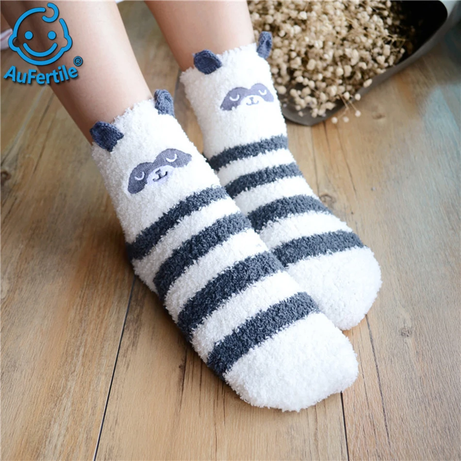 Lovely Soft Animal Cartoon 3D Half of The Cashmere Coral Velvet Floor Socks Couple Sleep Sock Pregnancy Socks