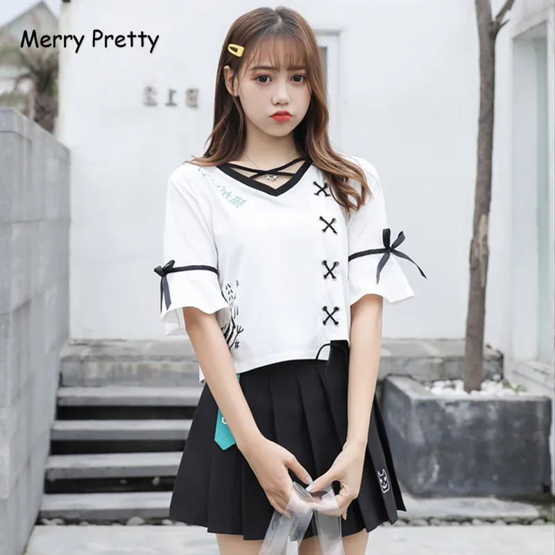 Merry Pretty/летний женский комплект 2 шт. на шнуровке Белый укороченный топ и черная