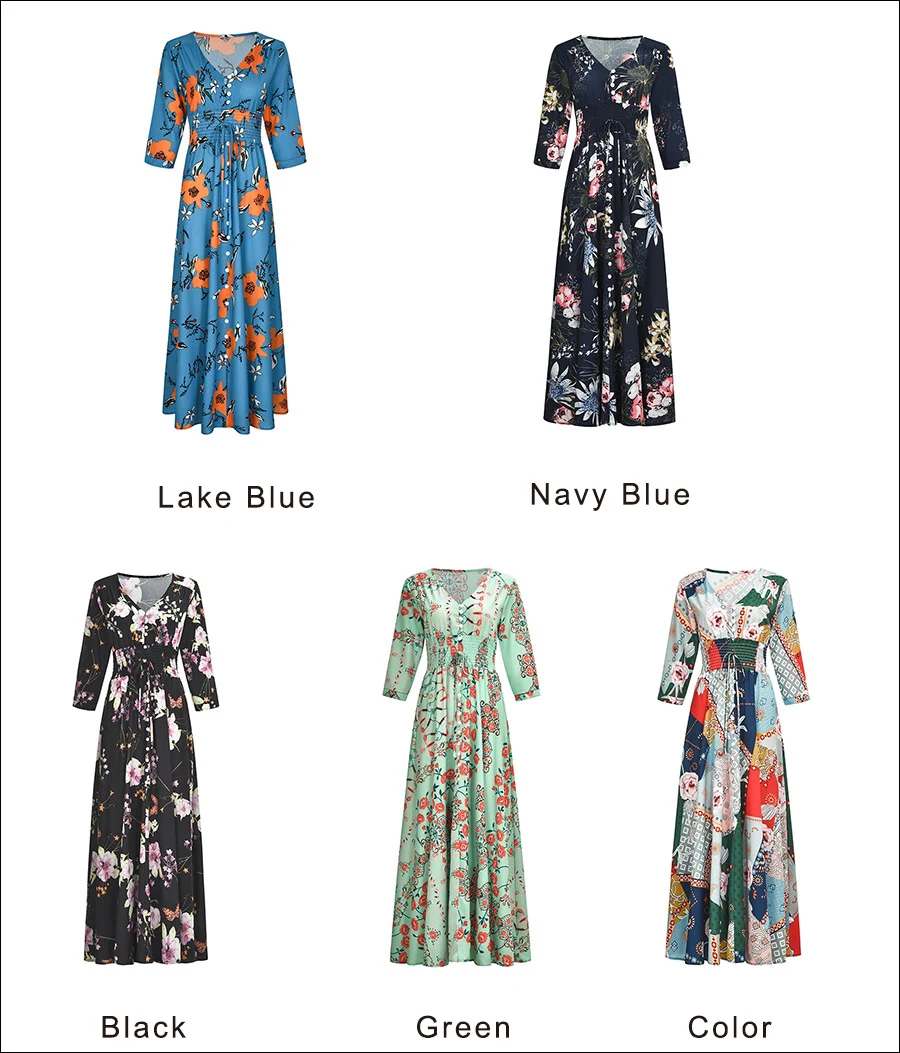 Gladiolus 2019 Spring Summer Dress Women 34 Sleeve V Neck Sexy Floral Print Bohemian Women Maxi Dress Long Beach Ladies Dresses (87)