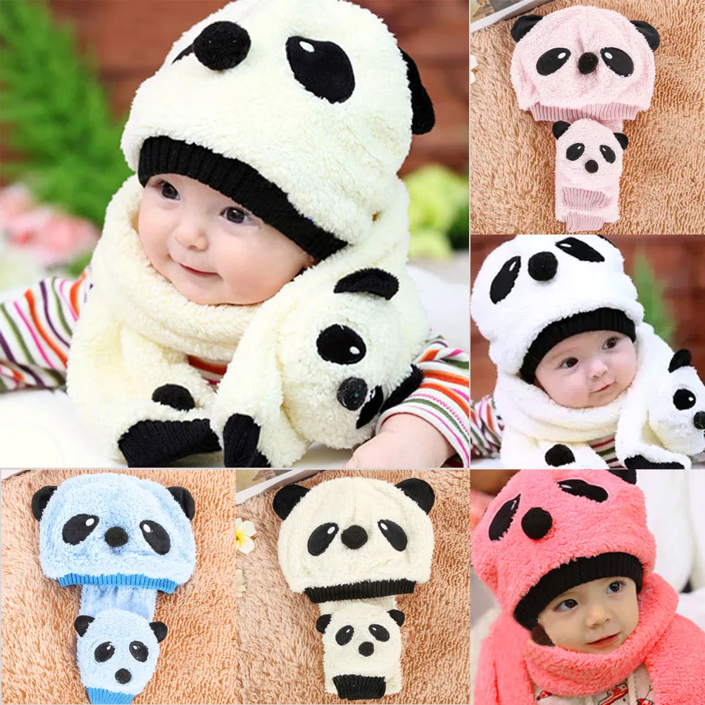 Осень-зима Детский набор из шапки и шарфа для малышей с милым рисунком панды, теплые флисовые Детские Шапки+ шарф 2 шт./компл. дeтскиe для мaльчикoв и дeвoчeк кроше вязаные шапочки