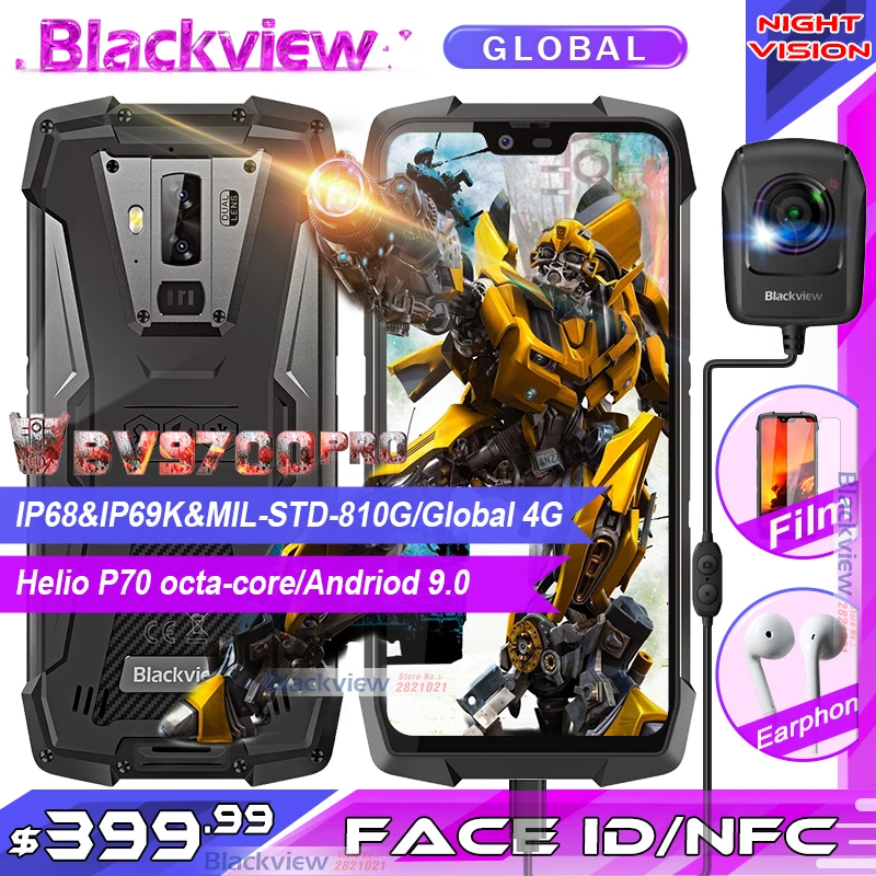

2019 Blackview BV9700 Pro IP68/IP69K Rugged Mobile Phone Helio P70 Octa core 6GB+128GB 5.84" IPS 16MP+8MP 4G Face ID Smartphone