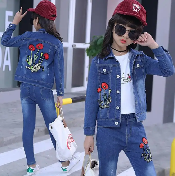 

2018 spring Autumn Kids Clothes Cowboy Suit 3pcs Girls Outfits Jeans Letter Clothing Children Set 4-13 Years old Boys Clothes