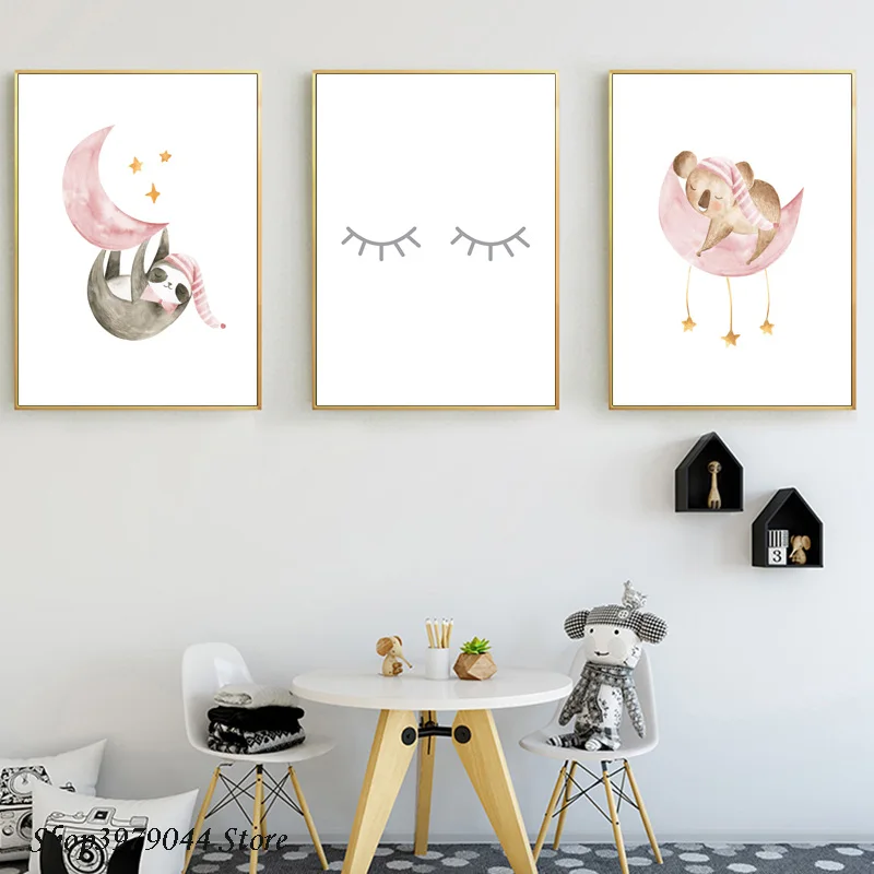 

Baby Girl Nursery Pink Wall Art Moon Minimalist Poster Cartoon Panda Painting Nordic Kids Decoration Picture Bedroom Unframed