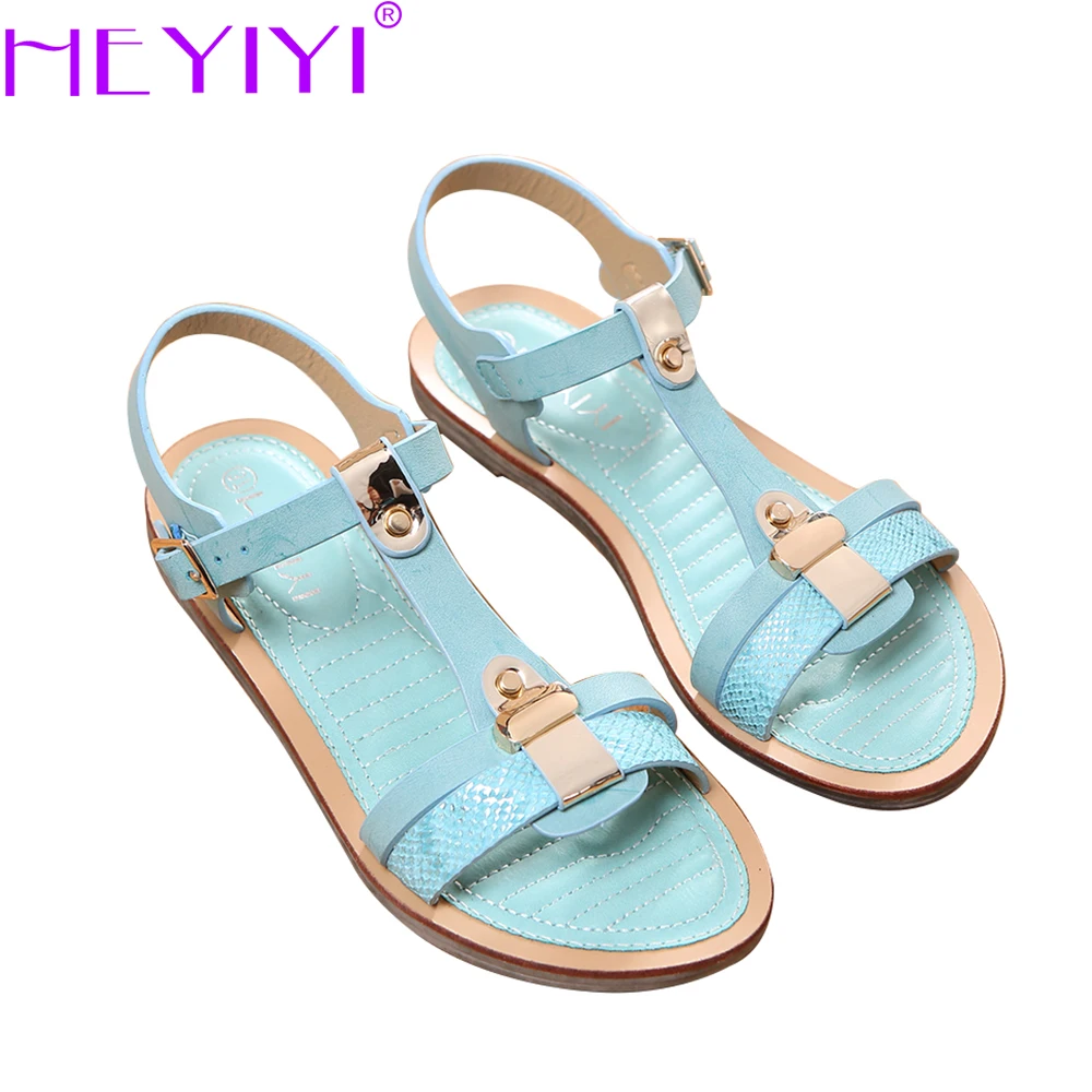 comprar Mulheres Sandálias Flat Sapatos de Volta Cinta Macia Palmilha Sola de Borracha de Couro PU Tamanho Grande T Cinta Costura Verão Chegou sapatos azuis HEYIYI