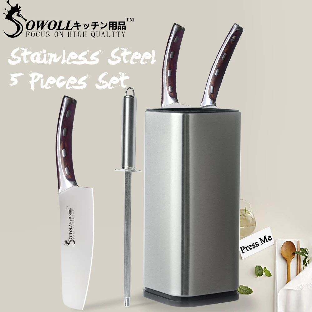 

SOWOLL Stainless Steel Kitchen Knife 5 Pcs Set Utility Chef Chopping Knives Holder Stand Block Sharpening Steel Rod Bar Scissors