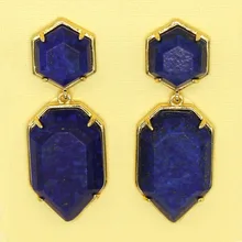 Trendy-beads New Stylish Light Yellow Gold Color Layer Polygon Shape Dangle Earrings Lapis Lazuli Jewelry pair of stylish beads decorated cone shape earrings for women