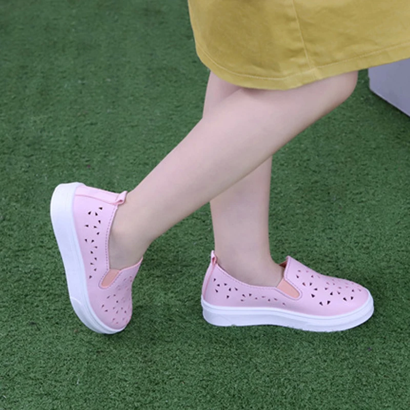 Kids Loafer Shoes 2019 Spring Summer Children Sneakers White Shoes Girl Hollow Out Kids Leather Flats Slip On Casual Shoes Boys