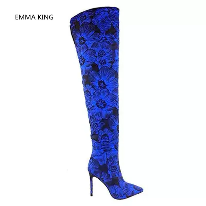 Bleu Sur Cuissardes As Longues Mince Genou Sexy Femmes In Chaussures Picture Les De Pour Shown Pointu Brodé Bottes Le Talons Mode Club Haute Bout qArOq5