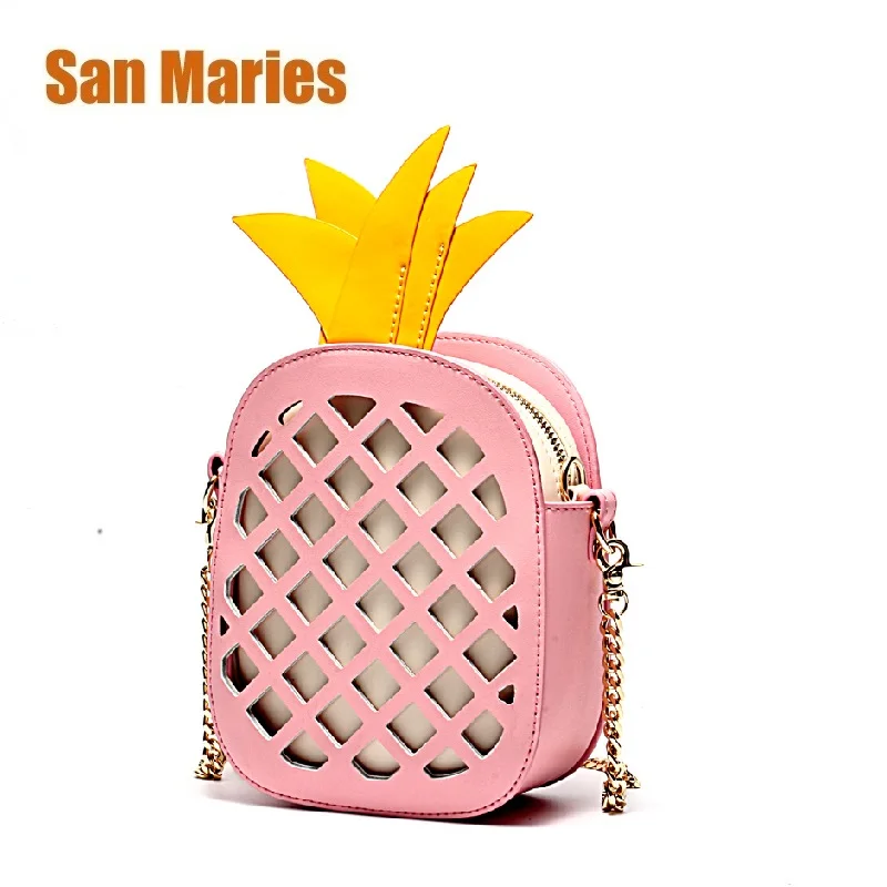 

San Maries Women Handbag Lovely Pineapple Girl Genuine Leather Chain Messenger Bag Hollow Out Mini Female Fruit Shoulder Bags