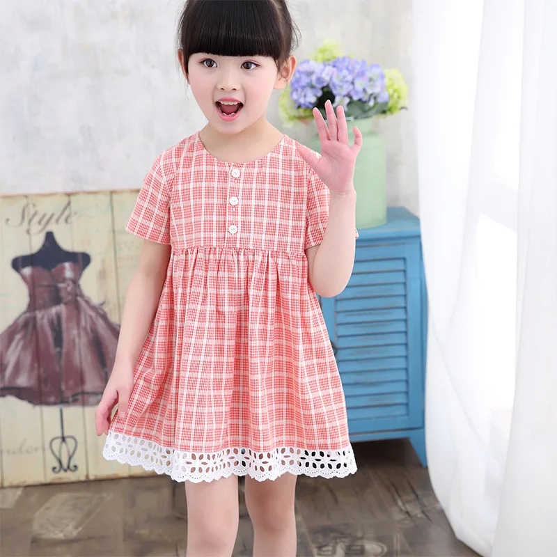 

Children's clothing 2017 summer new children's dress cotton plaid sweet short-sleeved lace dress baby girl clothes girls dress