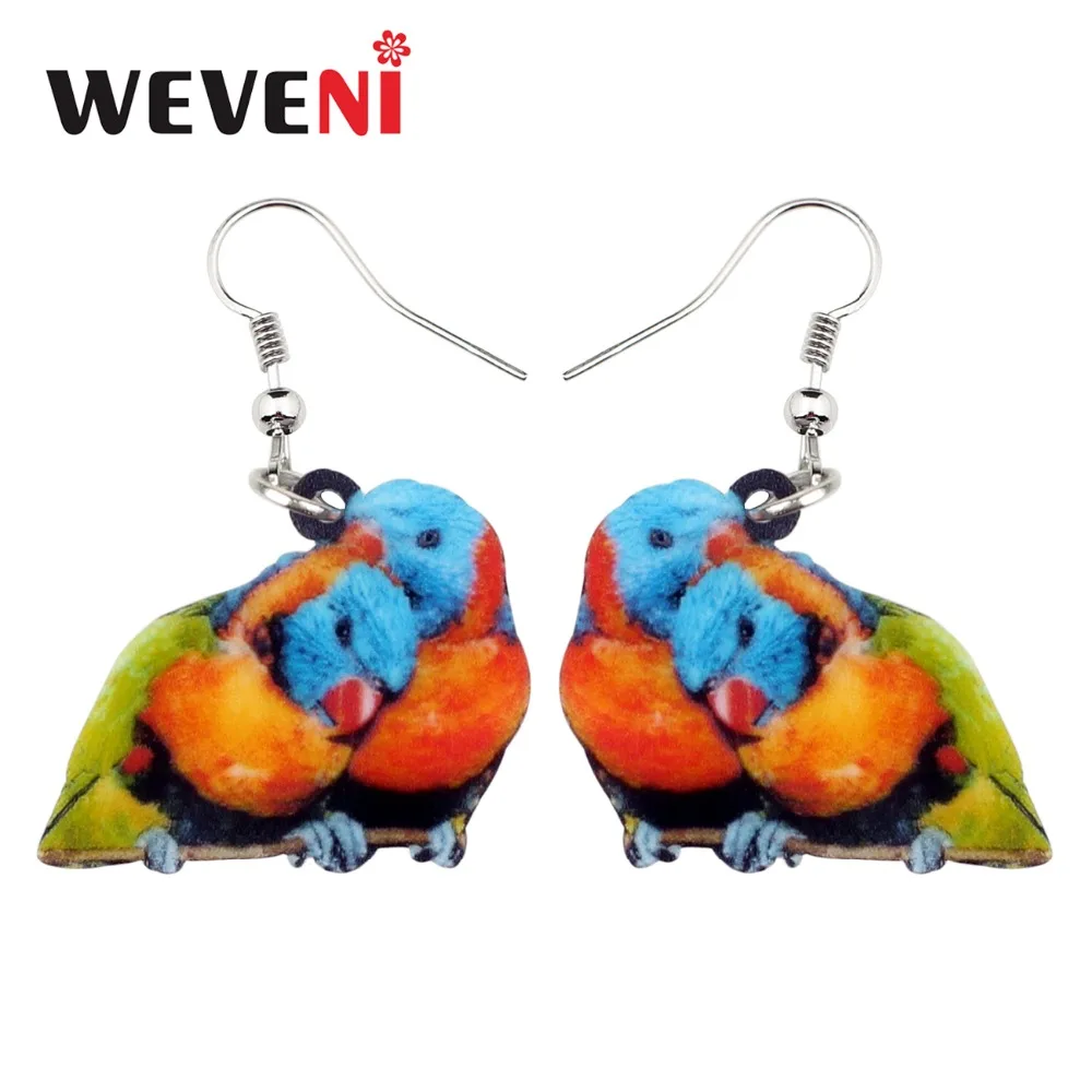 

WEVENI Acrylic Cute Double Rainbow Lorikeet Parrot Bird Earrings New Long Dangle Drop Floral Animal Jewelry For Women Girls