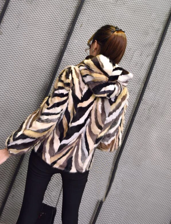 Excellent 100% Genuine Mink Fur Coat with fur hood for female mixed Colors Natural Real Mink Fur Jacket ksr421 1