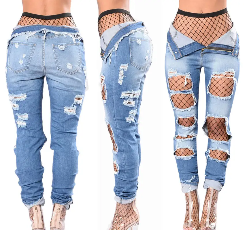 2017 Femme D\u0027été De Mode Pantalon Plein Lenth Déchiré Bleu Jeans De Mode Style