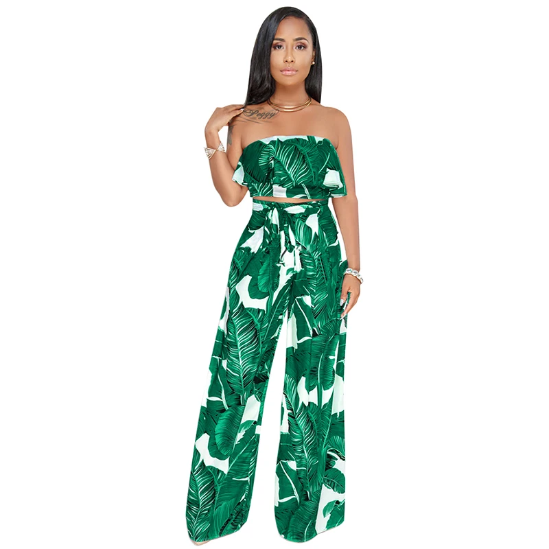 

Women Two Piece Set Leaves Print Bandeau Strapless Cropped Top Pants High Waist Ruffle Wide Loose Legs Pantsuit Sexy sweatsuit