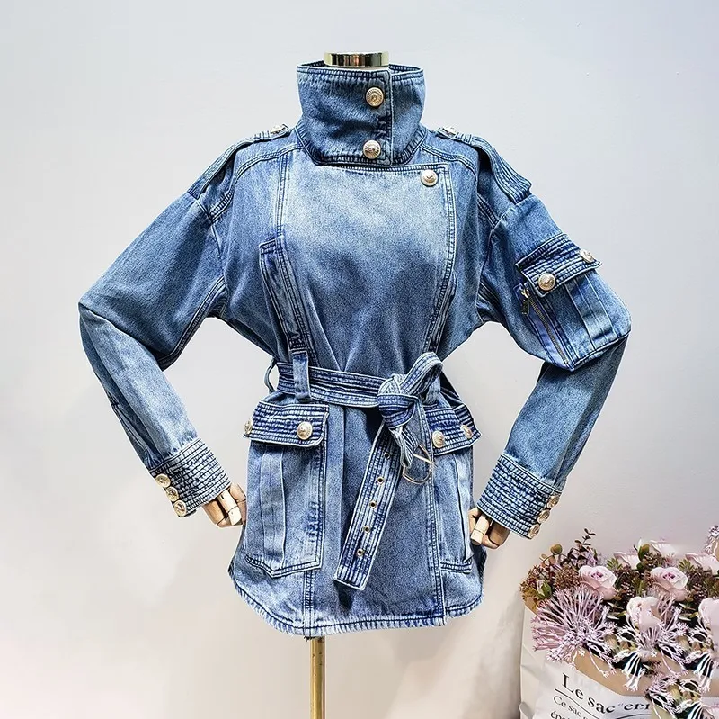 

[EWQ] 2019 new spring autumn pattern stand collar long sleeve thick gold button loose denim patchwork coat women AG15405