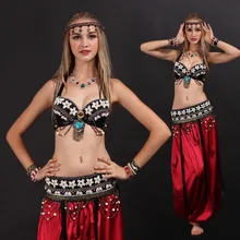 Сценическое представление Женская танцевальная одежда Племенной танец живота комплект одежды сексуальный арабский Племенной бюстгальтер от костюма для танца живота+ пояс с кисточками+ брюки