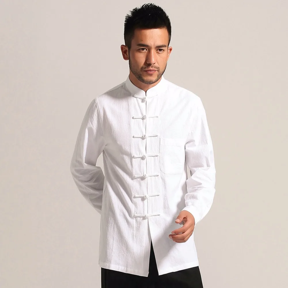 Новая весенне-осенняя мужская одежда для кунг-фу, топы с длинными рукавами, костюм танга, рубашка с хлопком, стоячим воротником, простая стильная рубашка