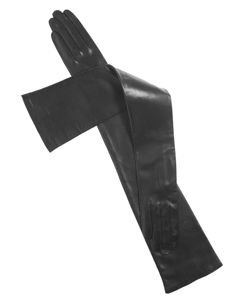 Женские кожаные перчатки из натуральной овечьей кожи с длинными плечами черного цвета