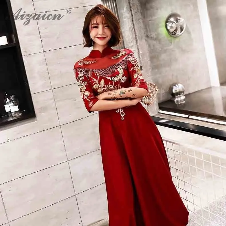 Bordado rojo Qipao chino tradicional boda Vestido Cheongsam винтажный bata 2019 Восточный ropa Китай borla larga vestidos