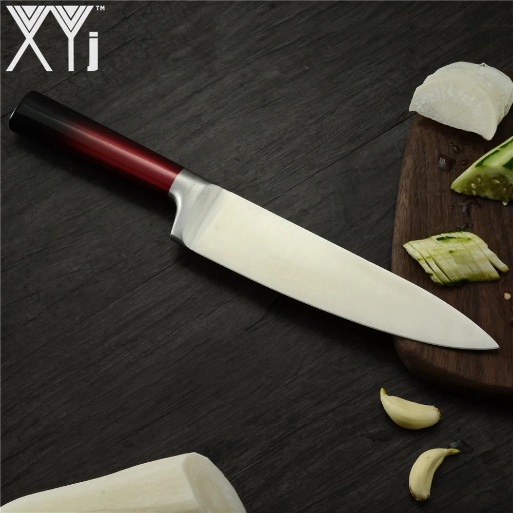 XYj набор кухонных ножей из нержавеющей стали с красной и черной ручкой, интегрированный дизайн, острое лезвие, нож 8 дюймов, подставка для ножей, точилка, ножницы