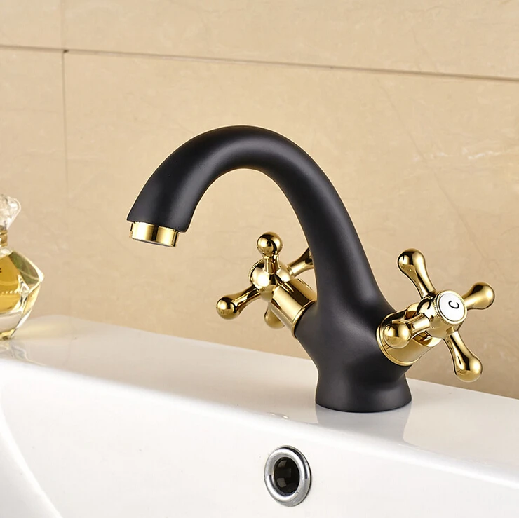 

Free Shipping Luxury Grilled Black Painted Bathroom Faucet Gold Wheel Handle Brass Basin Sink Mixer Tap B-002