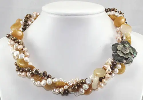 

lady's perfect accessory ! 4 Strands Multicolor Cultured Pearl & Agate Necklace Shell Flower Buckle