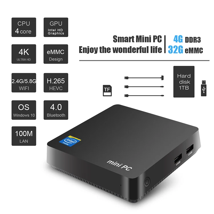 Настенный мини-ПК windows(Z8350(четырехъядерный), 4 Гб+ 32 ГБ, 2,4G/5,8G wifi, 1000m ethernet, HDMI, VGA порты, жесткий диск расширения