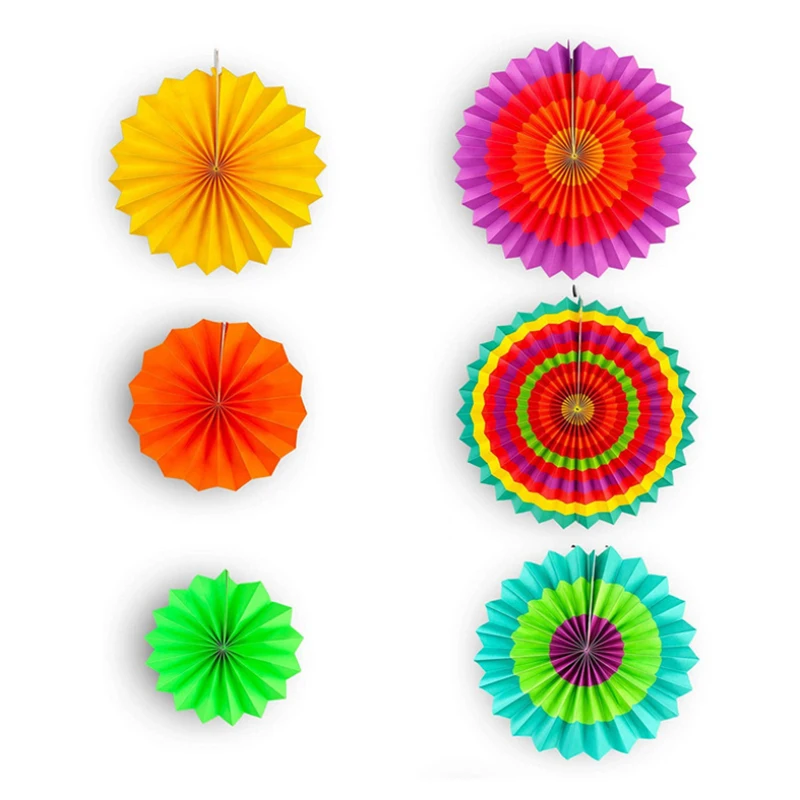 6pcs/set Thick Paper Fan Mexican Fiesta Party Paper Fan Flowers Decoration Hanging Paper Fan Backdrop DIY Party Decorations