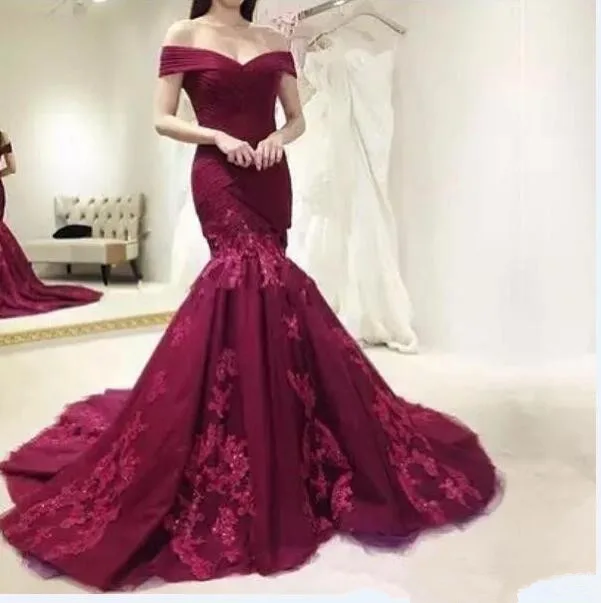 AE0916 бордовый вечернее платье prom dress Mermaid с открытыми плечами кружево тюль длинное