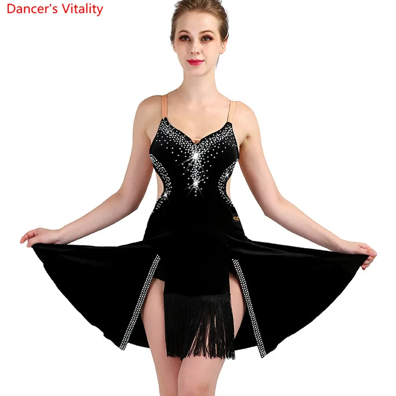 Fashion Latin Dance Dress Sexy Backless Diamond Tassel Competition