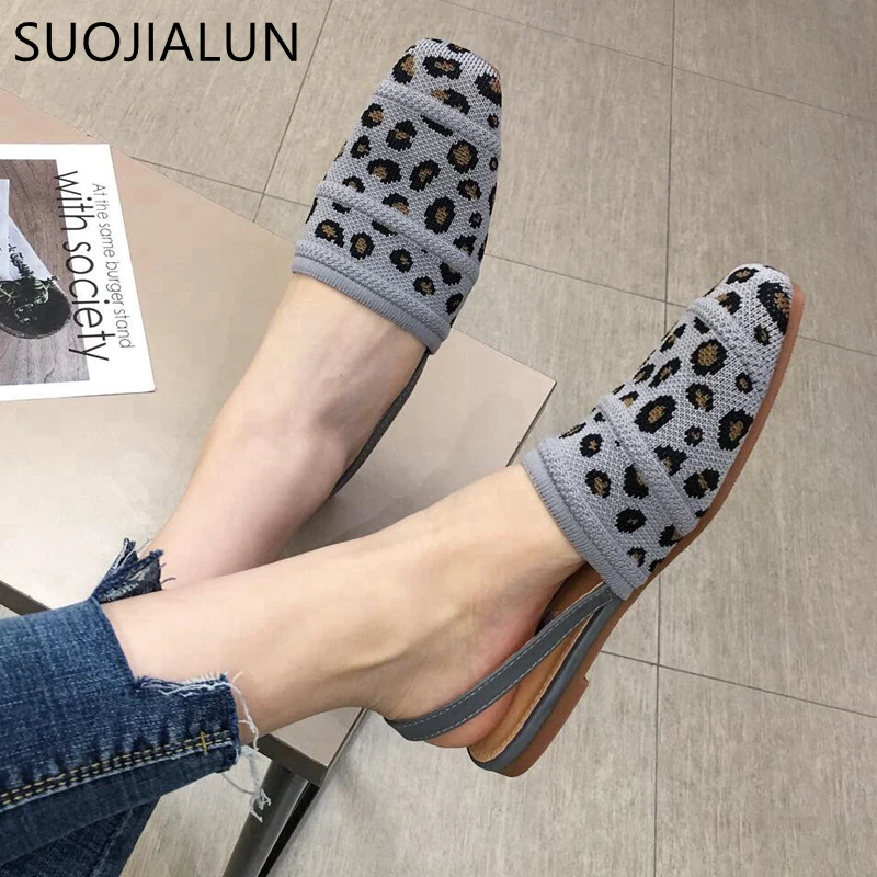 

SUOJIALUN Brand Designer Knitting Mules Slipper Round Toe Flat Heel Sandals Slip On Summer Slippers Stretch Fabric Outdoor Slid