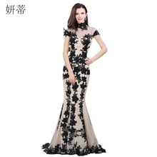 Elegant Black Short Sleeve Mermaid Evening Dress 2018 Applique Chiffon Prom Dresses Custom Made 100% Actual Image Sheer Gown