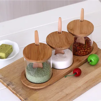 

3pcs/set Glass Wooden Spice Jar with Spoon Spice Container Organizer Seasoning Cans Pepper Shaker Storage Box with Tray Kitchen