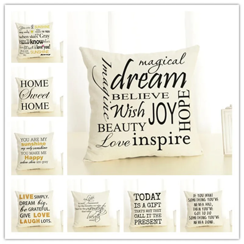 

New 45x45cm Creative Text Print Fundas Cotton Linen Cushion Cover Chair cushion Home Decor Cojines