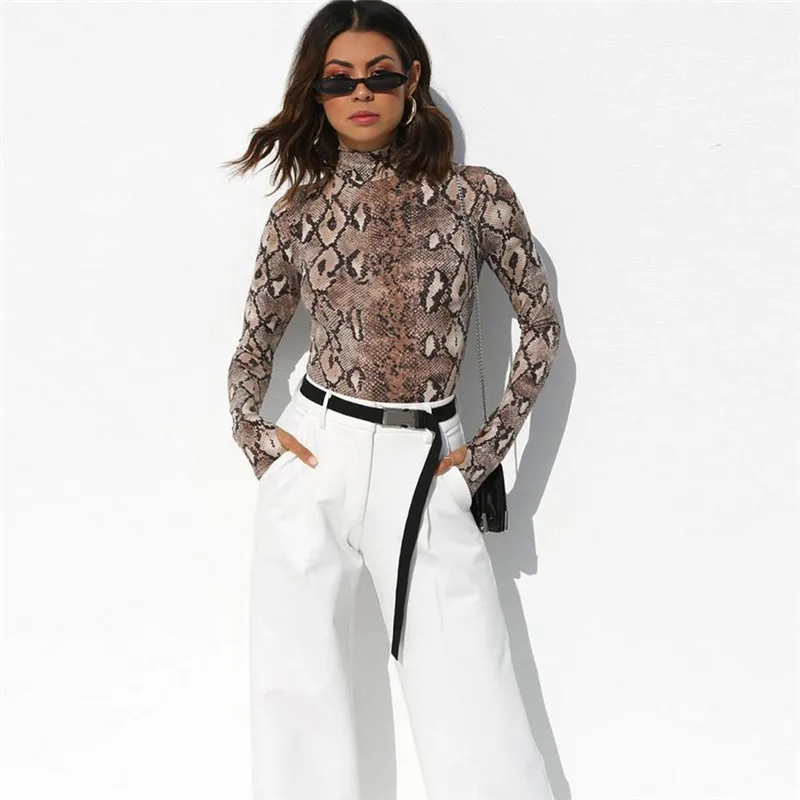 

Sexy snake pattern bodysuit female autumn V-neck long-sleeved triangle jumpsuit women jumpsuit perspective Bodycon Playsuit