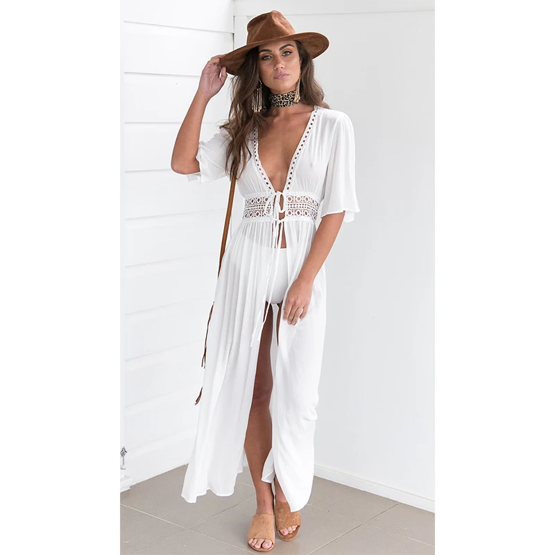 

Ordifree 2019 Summer Boho Women Maxi Beach Dress Sexy White Lace Split Long Dress Cardigan