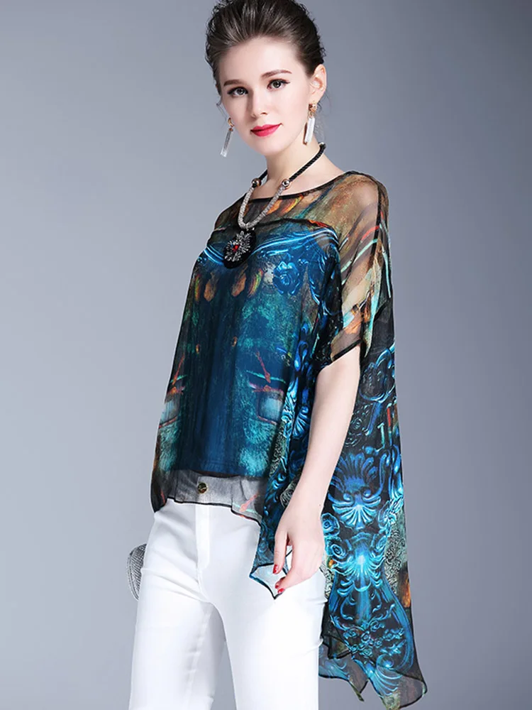 Blue Silk High Quality Women Chiffon Blouse Full Sexy See Through Shirts Print Tulle Top Puff Sleeve 2019 Summer Autumn Fashion