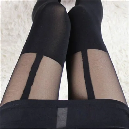 Женский сексуальный черный поддельный Подвязки Пояс чулок Колготки выше колена чулочно-носочные изделия