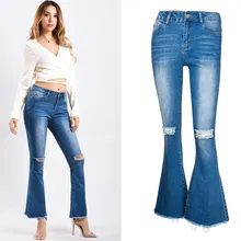 Aphrodite домашние синие расклешенные джинсы женские Джинсовая ткань брюки винтажная женская одежда рваные Брюки Джинсы-стретч повседневные узкие джинсы