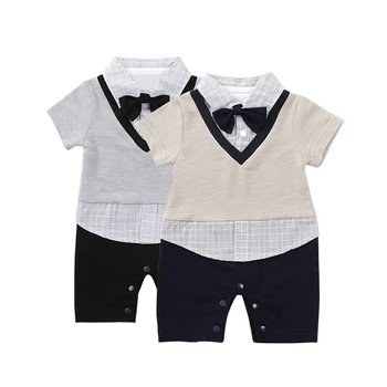 

Summer Baby Boy Romper Short Sleeve Cotton Jumpsuit Gentleman Bow Tie Baby Rompers Geometric Overalls Newborn Baby Clothes