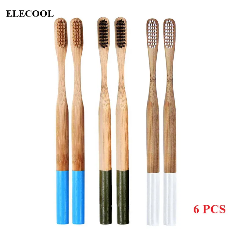 

6Pcs Round Handle 3 Color Adult Natural Bamboo Eco Friendly Soft Bristle Travel Toothbrush Dental Care Teeth Cleaning Brush