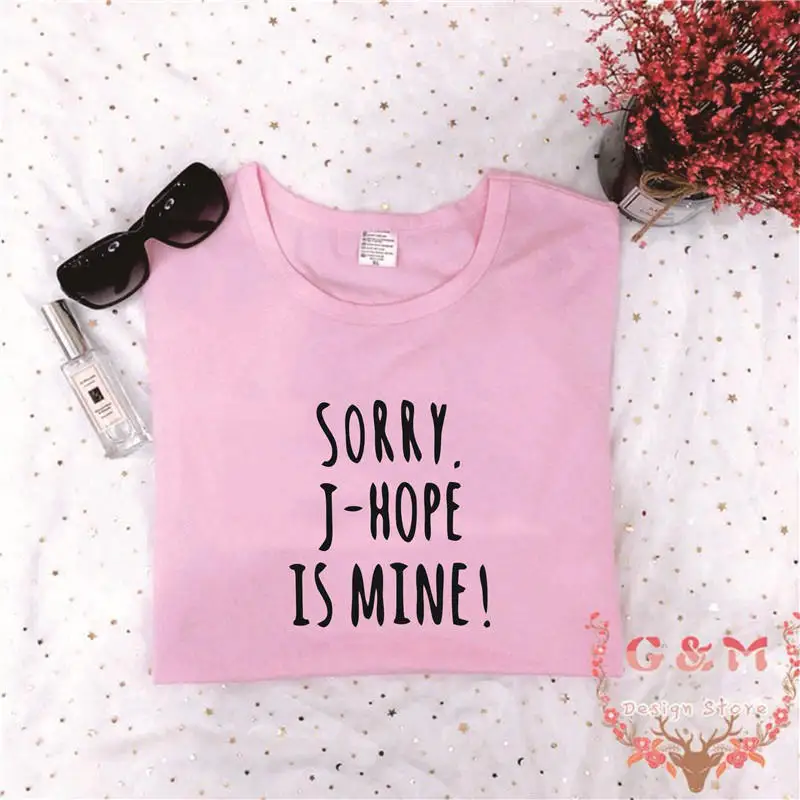 OKOUFEN SORRY J-HOPE IS MINE футболка корейский стиль Kpop женская футболка Топ тройник JHOPE рубашки Bangtan одежда размера плюс хлопок - Цвет: pink t black words