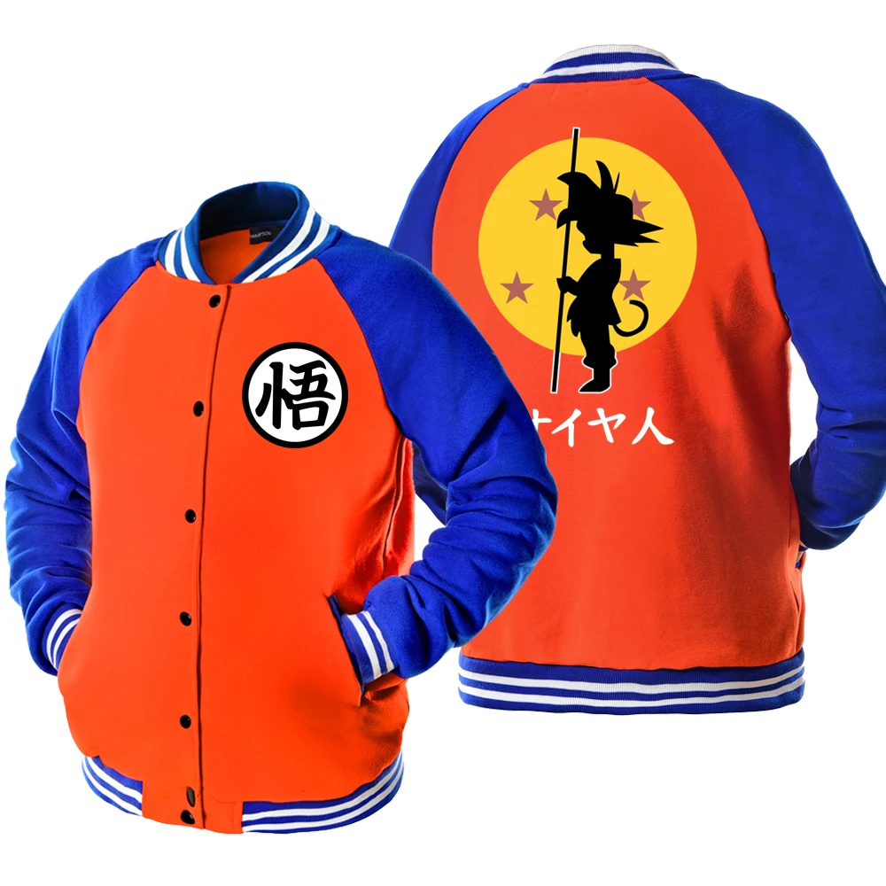 

Dragon Ball Jacket Men with Hoodie Autumn Winter Fleece Mens Baseball Coats Anime Printed Male Varsity Jackets Single Button
