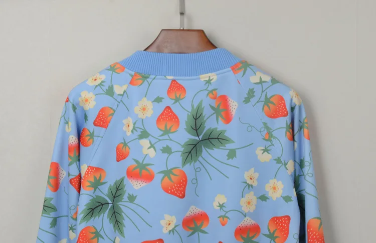 Strawberry Printed Jacket Women Outerwear Spring Baseball Outerwear 2019 Clothes Print O-Neck Pockets Jackets Coat Women