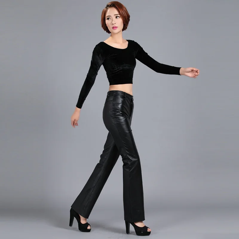 2019 Women's Bell-bottom Leather Pants Suit Genuine Leather Slim Hip Pants Women's Casual Pants 2019 Women's Bell-bottom Leather Pants Suit Genuine Leather Slim Hip Pants Women's Casual Pants