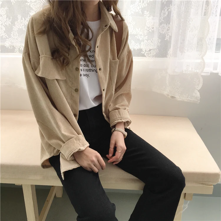 2 colors spring and autumn Loose Shirts Korean Solid Blouse Long Sleeve Corduroy blouses Women Tops outwear coats C6016