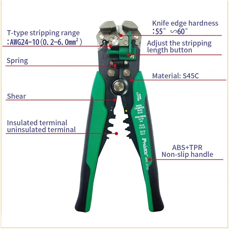 Pro'sKit 8PK-371D плоскогубцы для зачистки проводов Multi-function Автоматическая Зачистка контактов обжимной(0,2-6.0mm2) AWG 22-10 зачистки кабеля